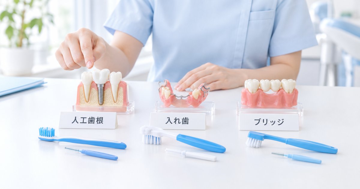 人工歯根・入れ歯・ブリッジを通院と手入れから選ぶ